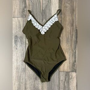 Kancy Kole Olive Green One-Piece Swimsuit with White Lace Trim